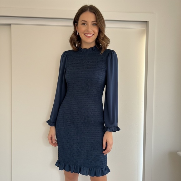 ALI & JAY Dresses & Skirts - ALI & JAY Navy Long-Sleeve Smocked Ruffle Dress